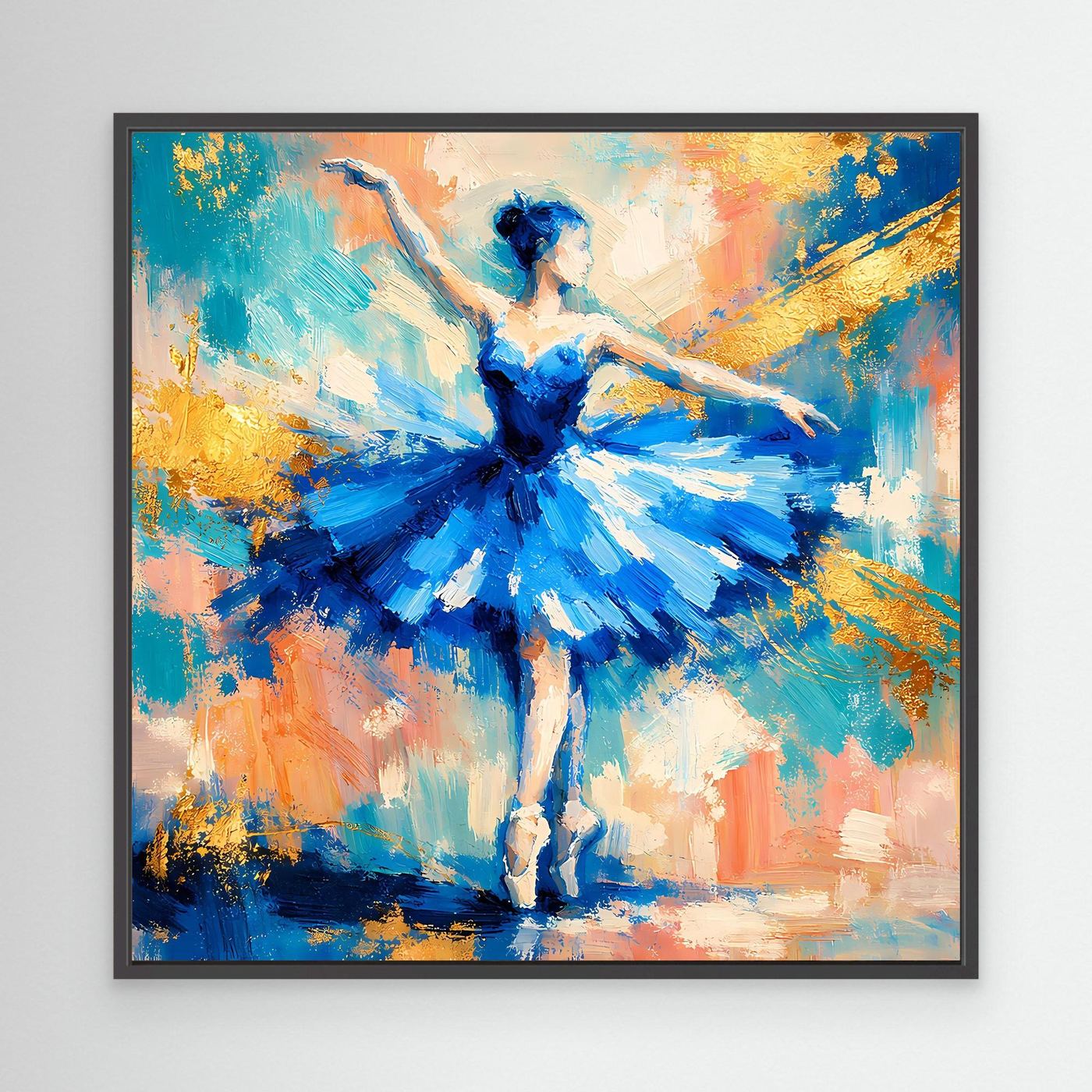 Leinwandbild Ballerina blau im abstrakten Pinselstil, mit schwarzem Rahmen