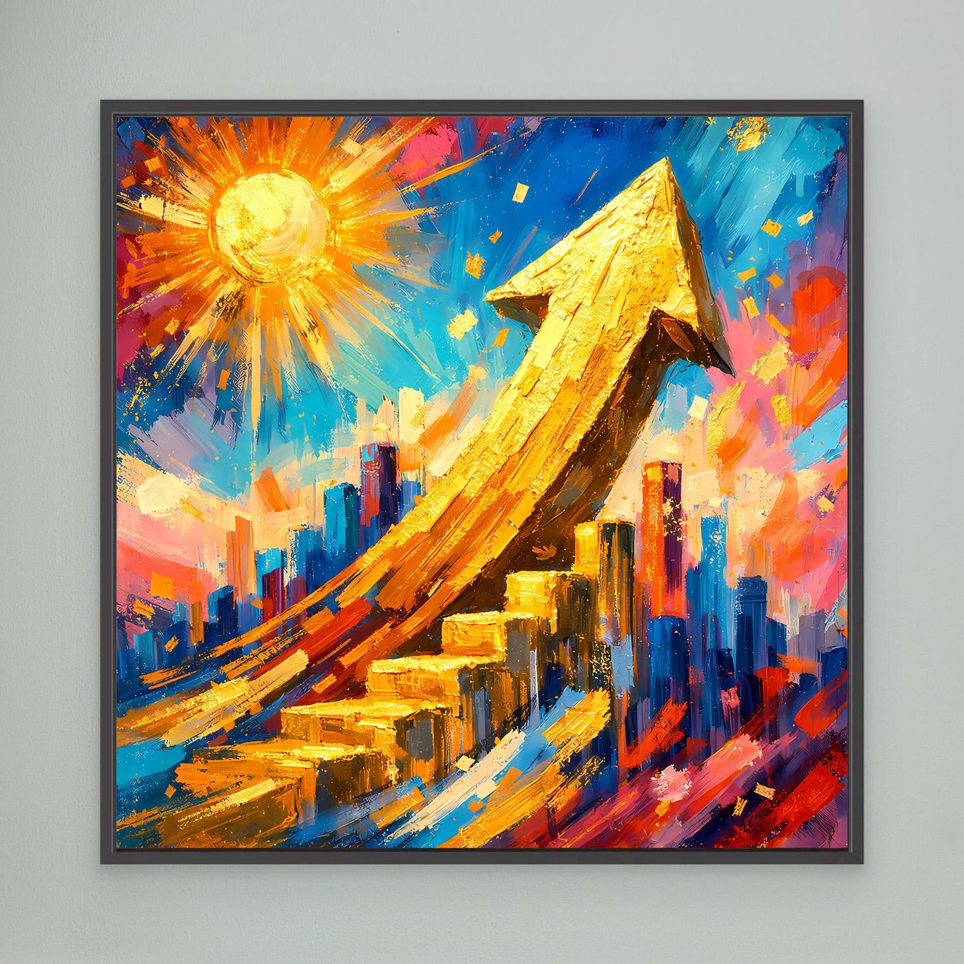 Gerahmtes Leinwandbild mit goldenem Pfeil und bunter Skyline im Pop-Art-Stil