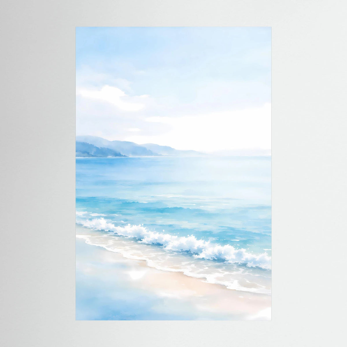 Hochformat-Wandbild mit ruhigem Meerblick, blauer Küste und sanfter Wellenlinie