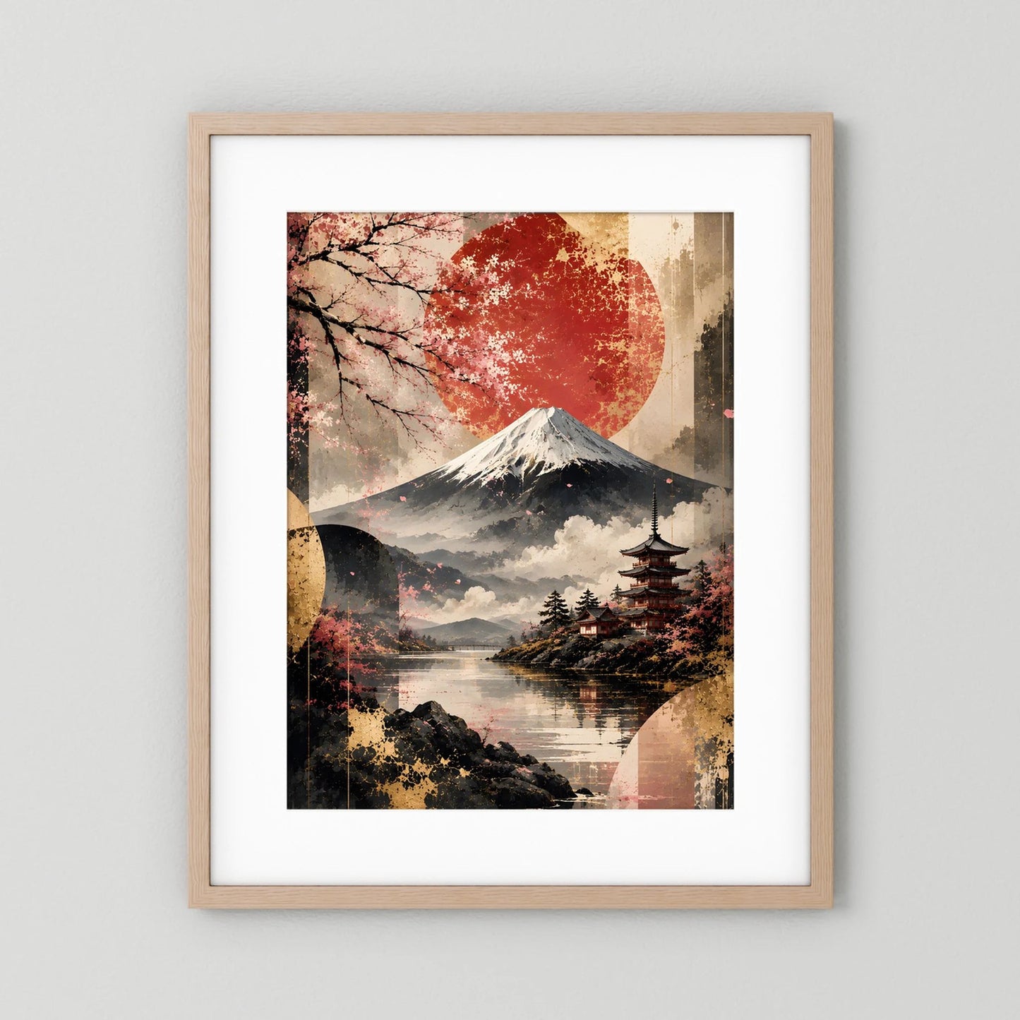 Hochformatiges Poster mit Fuji und roter Sonne, japanische Landschaft im beigen Holzrahmen