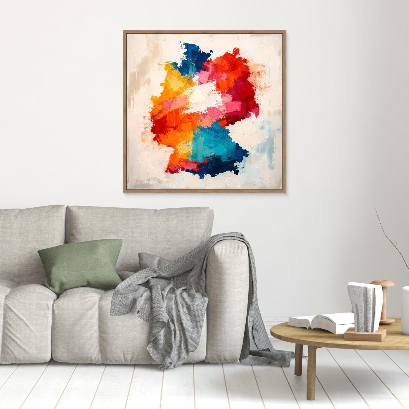 Small framed abstract canvas wall art with colorful map silhouette, oak frame