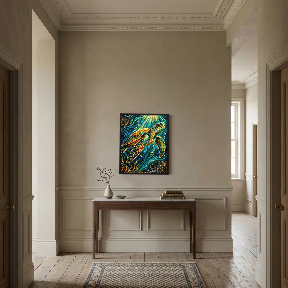 Gerahmtes Kunstposter Meeresschildkröte im Mosaik, türkis-gold, mittig platziert