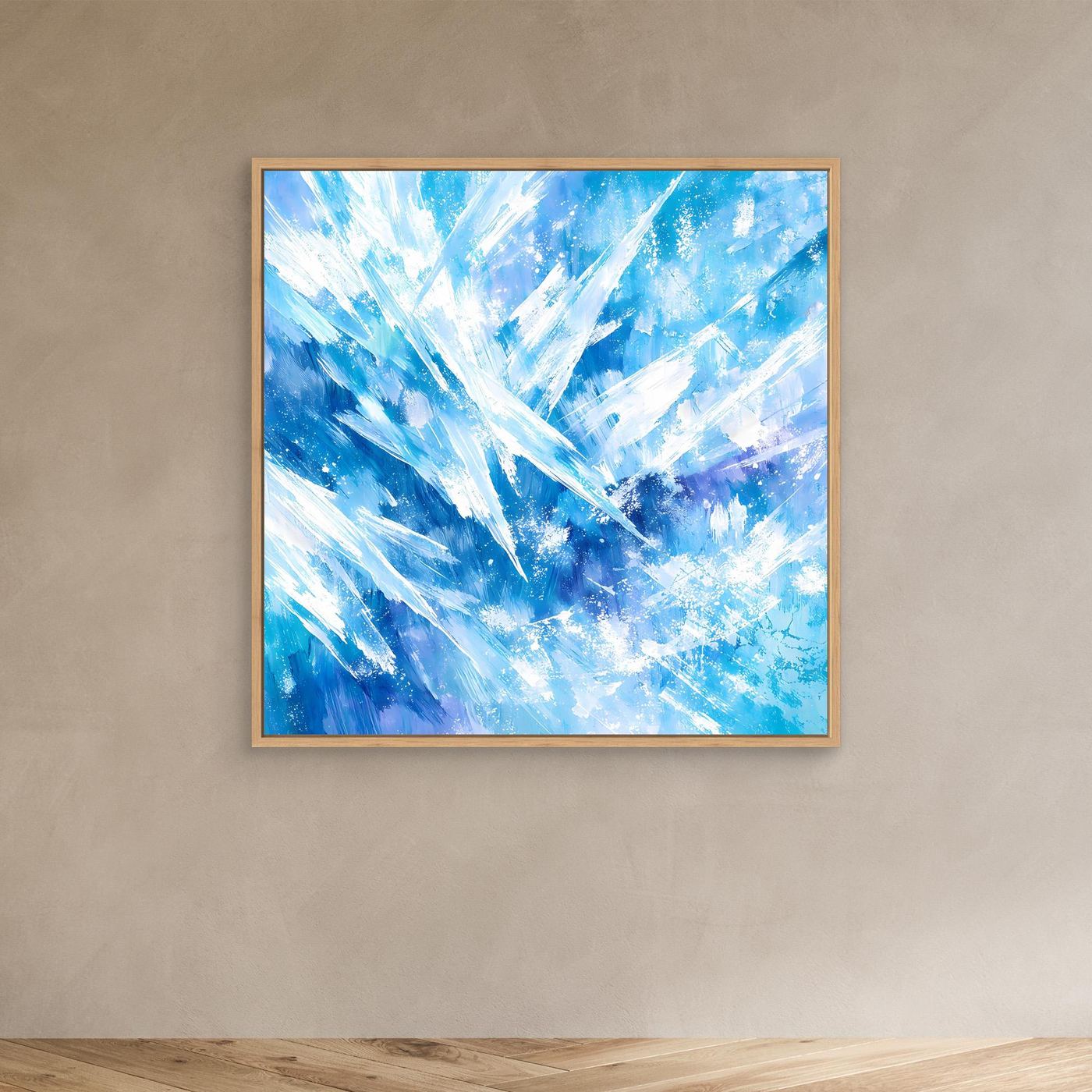 Quadratisches Leinwand-Wandbild mit blauem Eis- und Kristallmuster, Holzrahmen