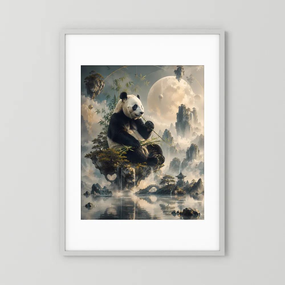 Kunstposter im Hochformat mit Panda auf Felsinsel, im weißen Rahmen mit hellem Passepartout