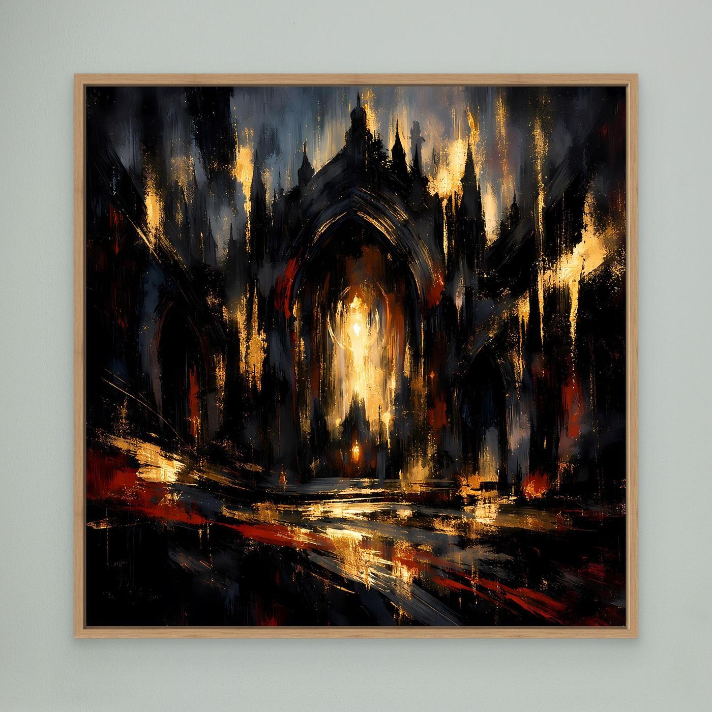 Abstraktes Leinwandbild mit Eichenrahmen, gotische Kathedrale, gold leuchtendes Portal.