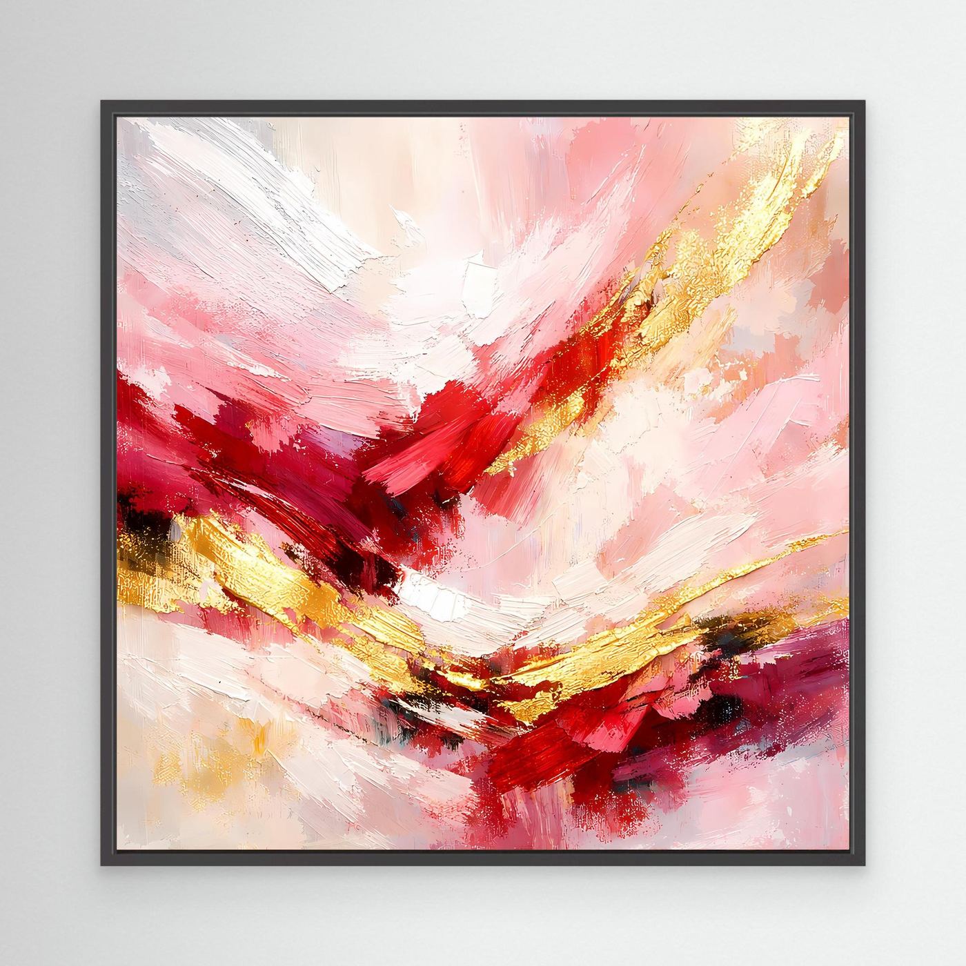 Abstraktes Leinwandbild mit rosa-roten Pinselstrichen und goldenen Akzenten, schwarzer Rahmen