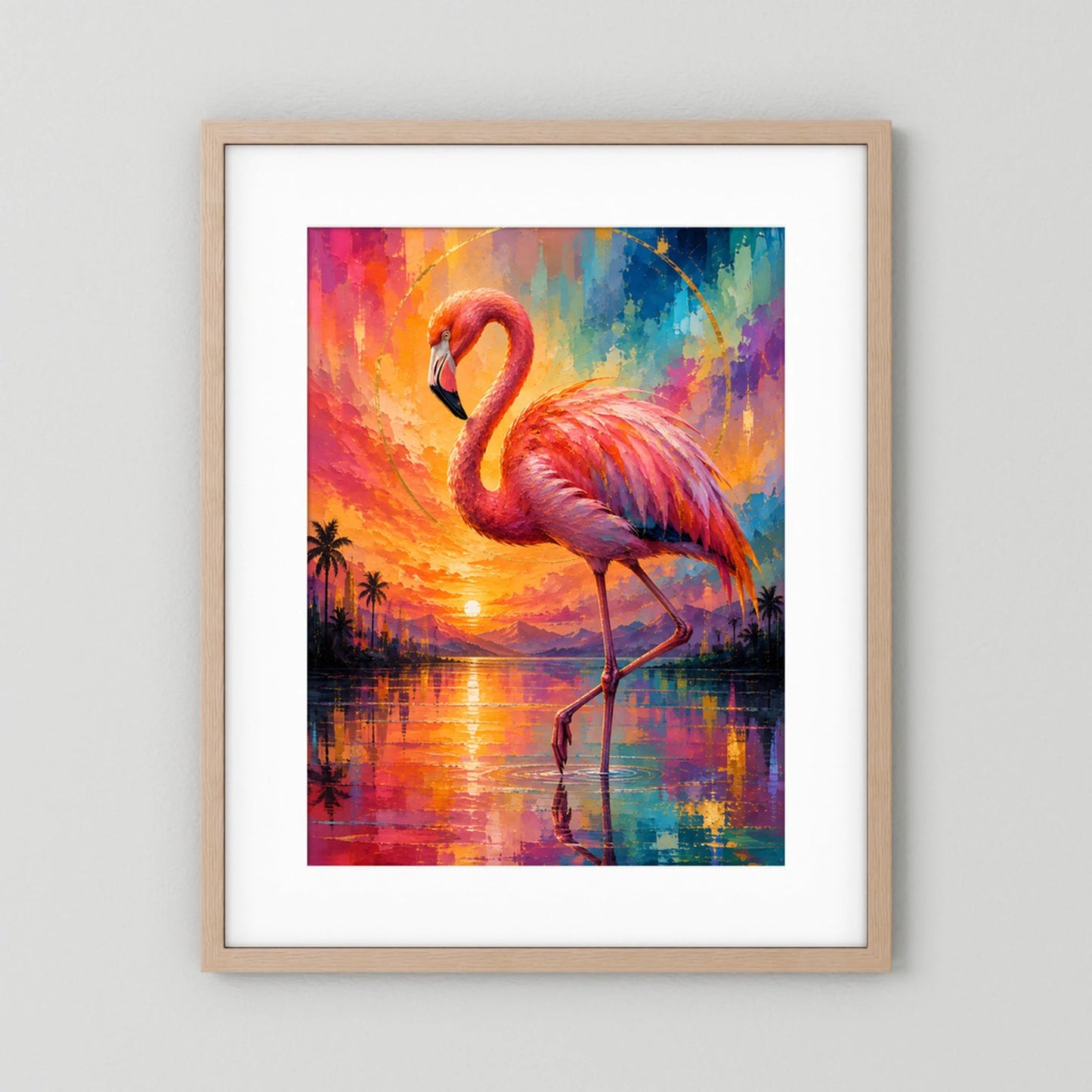 Kunstposter im Hochformat mit Flamingo-Motiv, heller Holzrahmen und weißer Rand