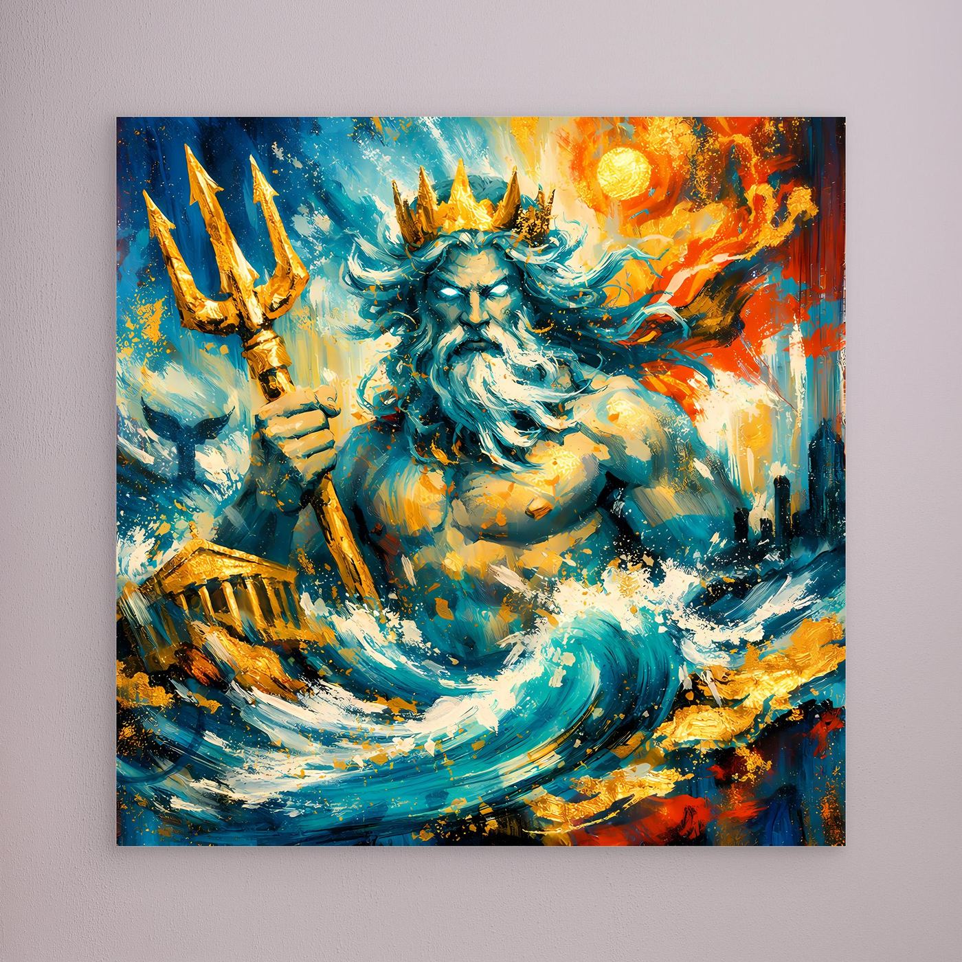 Leinwandbild mit abstrakter Poseidon-Meerfigur in Blau-Orange, ohne sichtbaren Rahmen