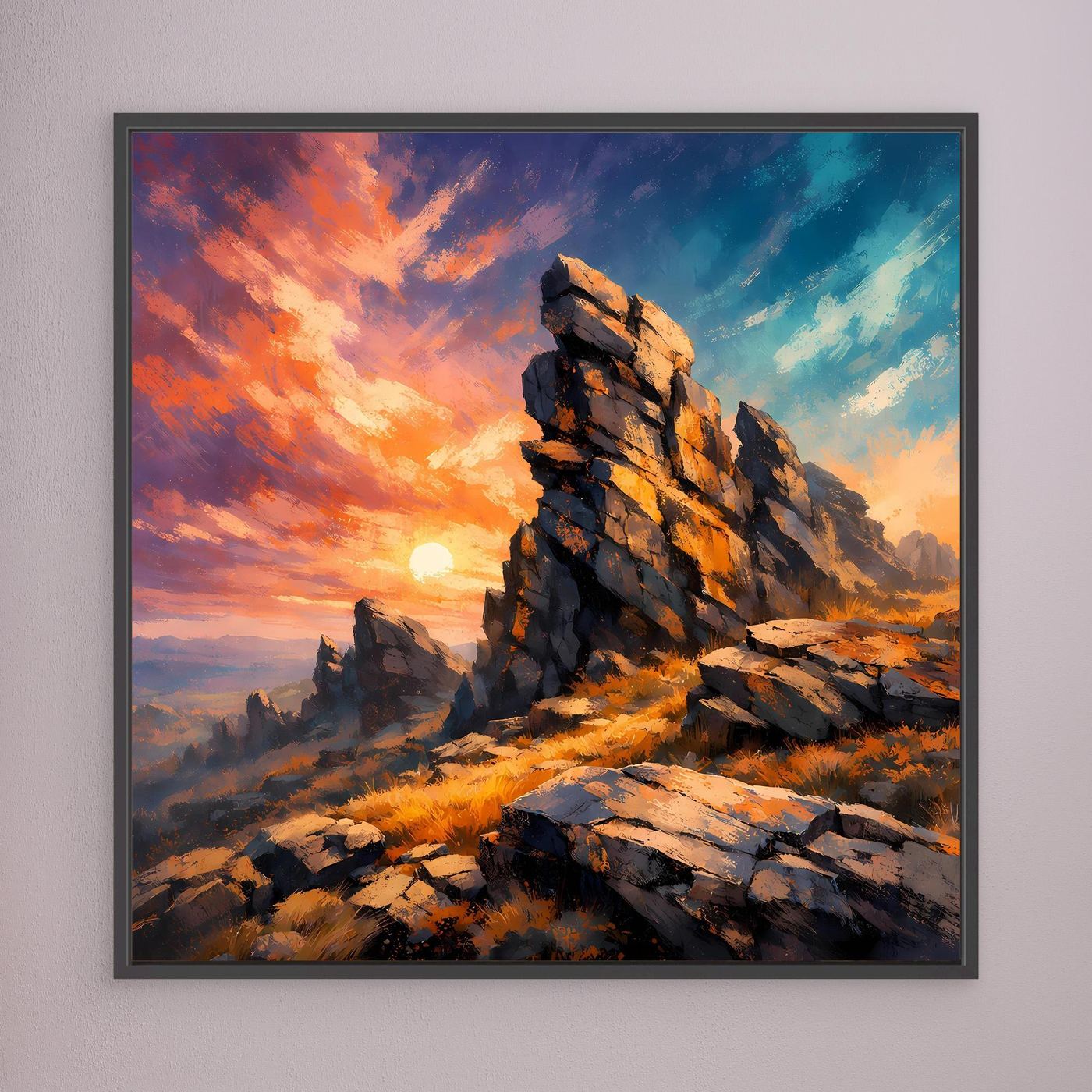 Premium Leinwand Monumentale Felsformation im Sonnenuntergang | Abstraktes Gebirge Wandbild