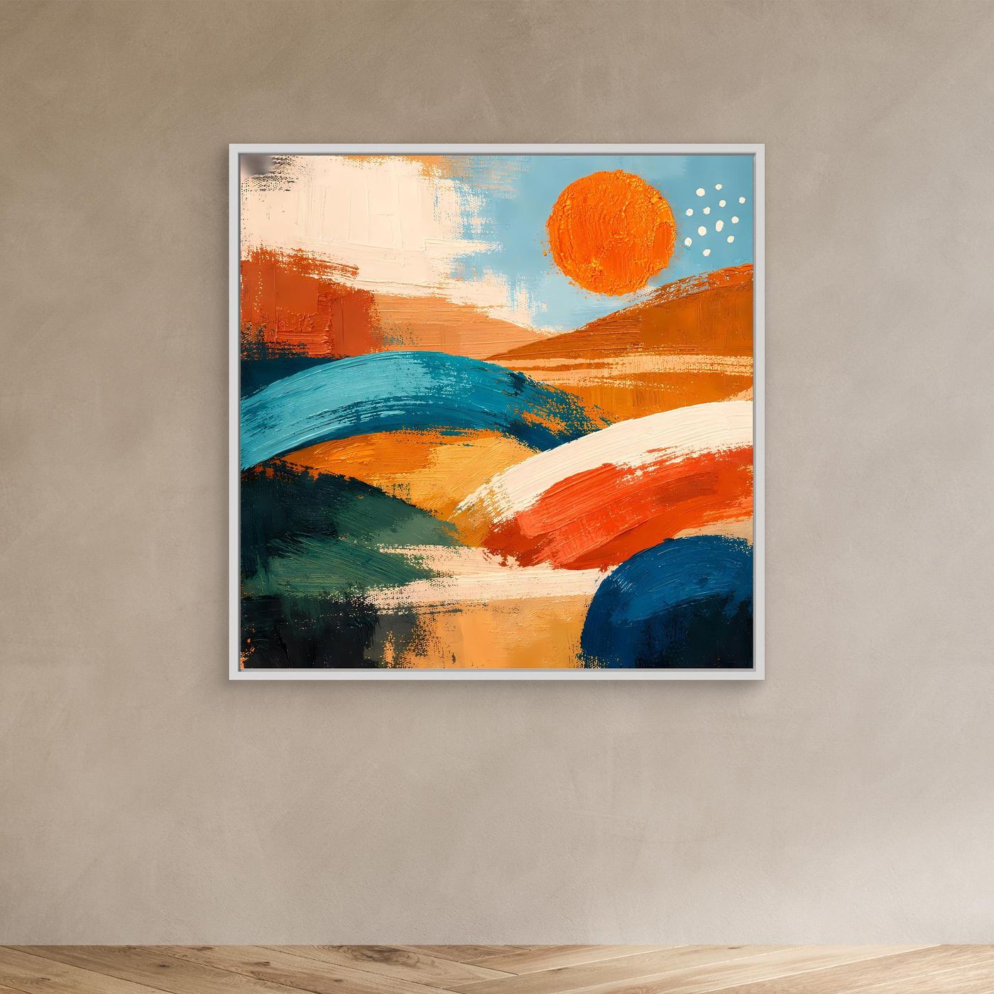 Abstract landscape wall art with white frame; orange and blue hills with orange sun