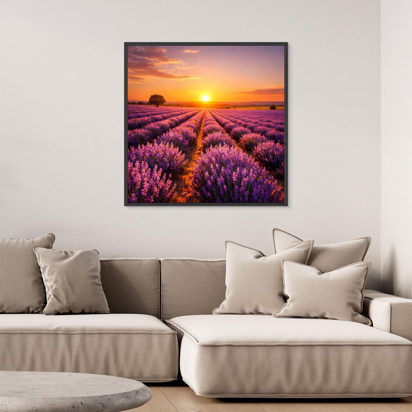 Gerahmtes Leinwandbild mit Lavendelfeld bei Sonnenuntergang, schwarzer Rahmen
