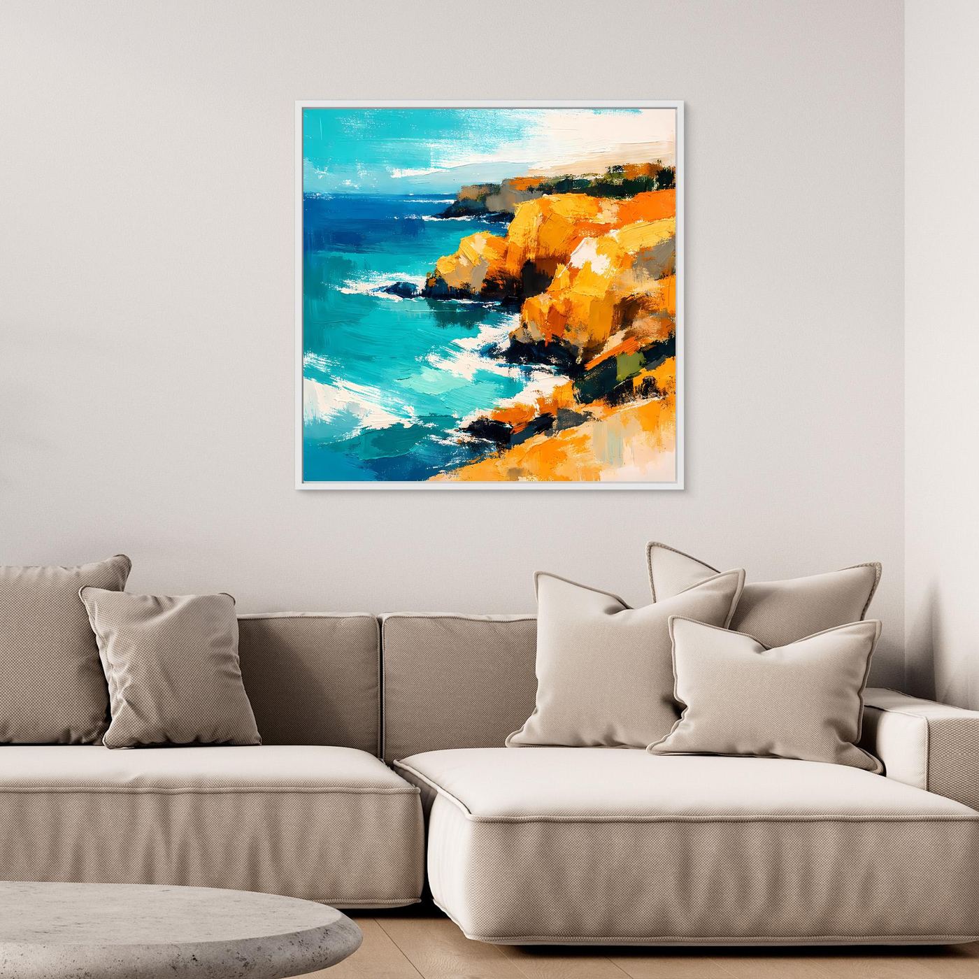 Leinwand Abstraktes Steilküsten Gemälde | Modernes Mediterranes Meeres Wandbild Blau Gelb