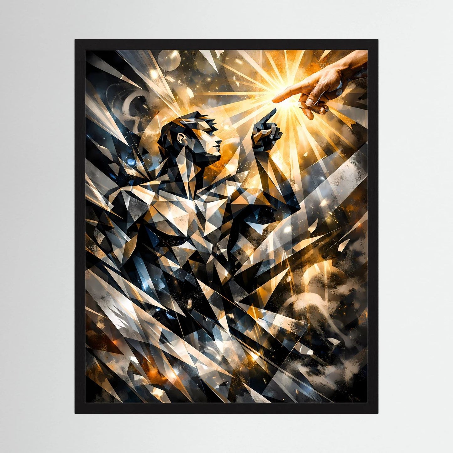 Abstraktes Poster „Göttliche Berührung“ im schwarzen Rahmen, goldenes Leuchten