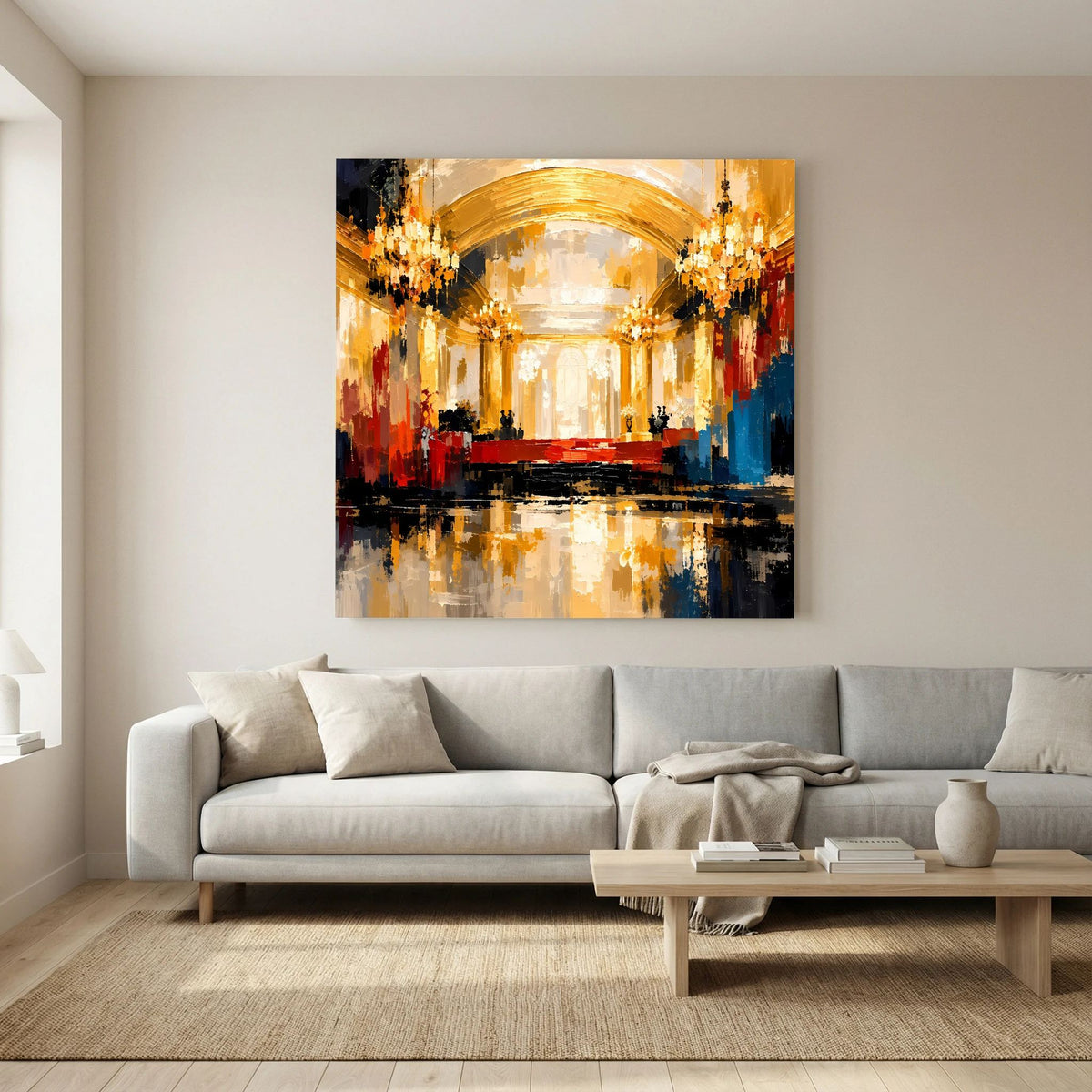 Leinwand Abstraktes Palast Saal Gemälde | Modernes Elegantes Wandbild Ballsaal Gold Rot
