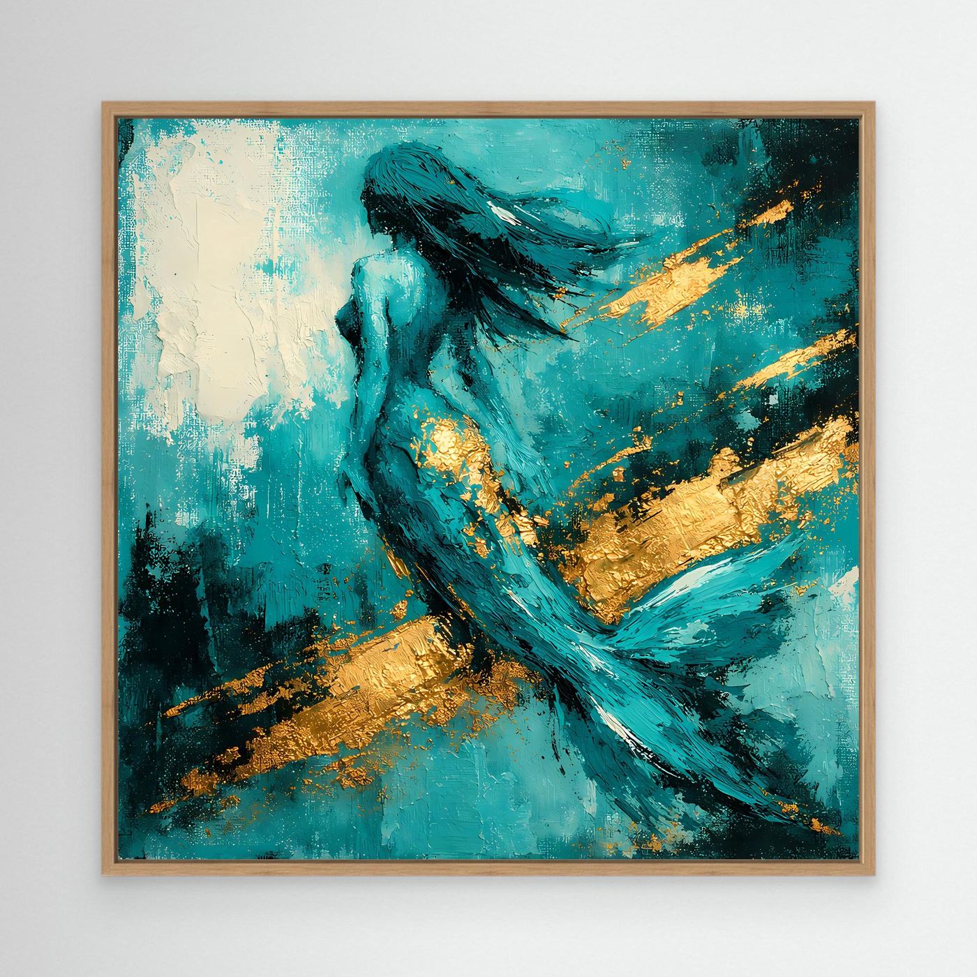 Leinwand Elegante Meerjungfrau in Türkis | Abstraktes Nixen Wandbild Gold Blau