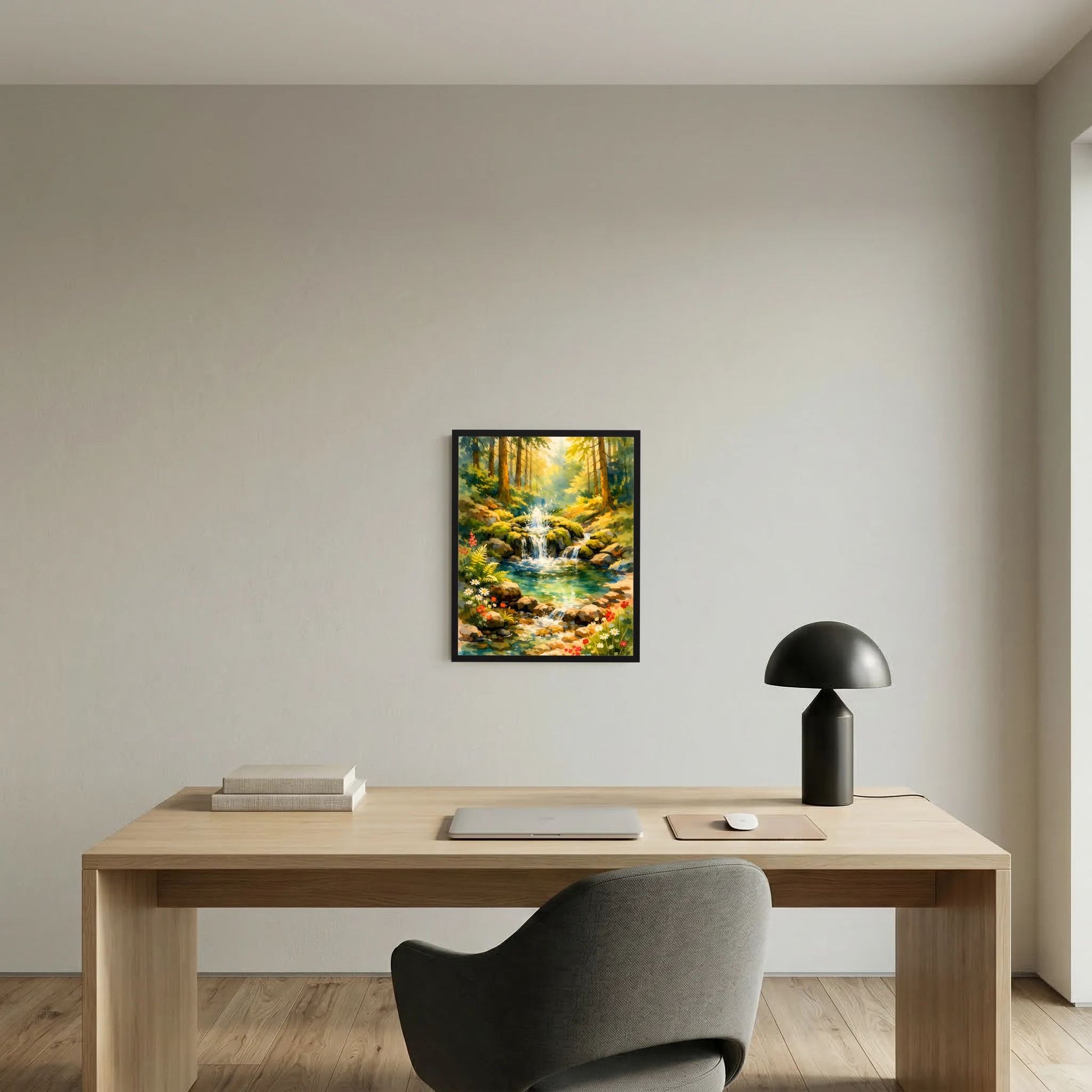 Poster in schwarzem Rahmen mit Aquarell-Waldlandschaft: Wasserfall und Bach