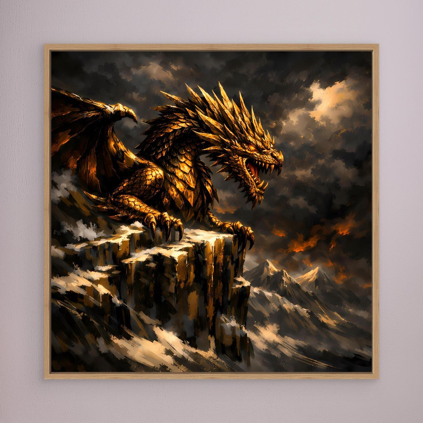 Leinwand Goldener Drache auf Felsgipfel | Episches Fantasy-Wandbild auf Keilrahmen