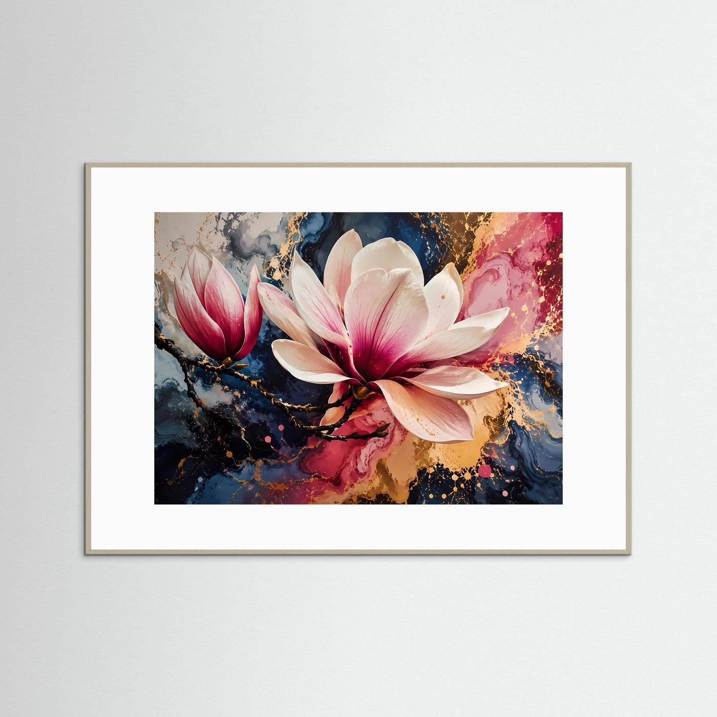Magnolien in Rosa & Gold | Abstrakte florale Kunst
