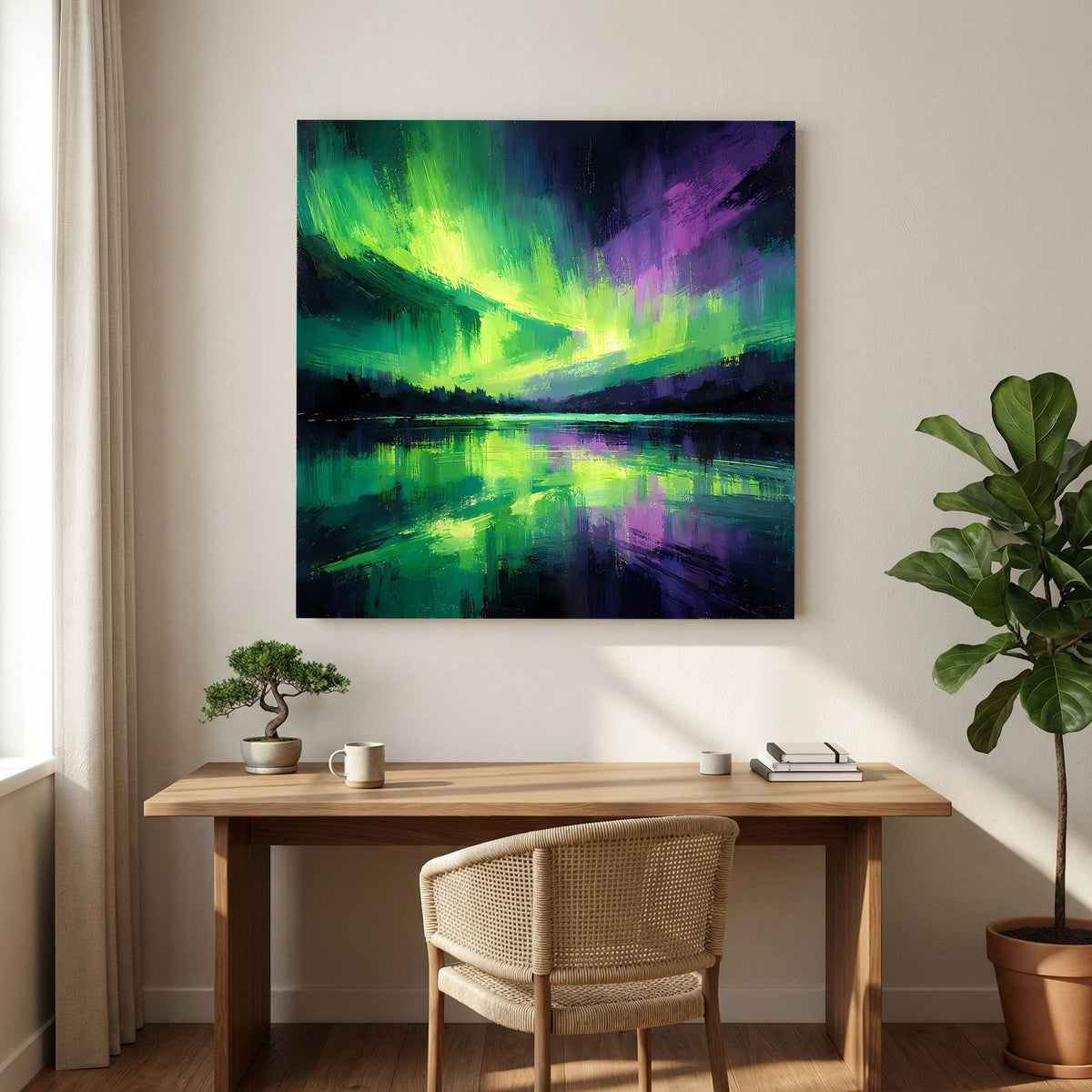 Leinwandbild mit abstraktem Nordlicht in Grün und Lila über Wasserfläche, dunkler Himmel