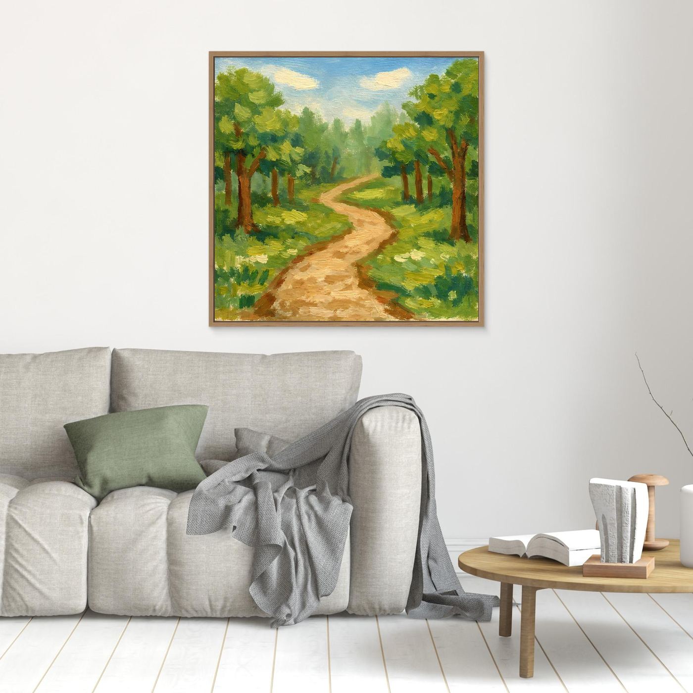 Leinwandbild Waldweg, Eichenrahmen klein an der Wand; grüner Wald, goldener Pfad