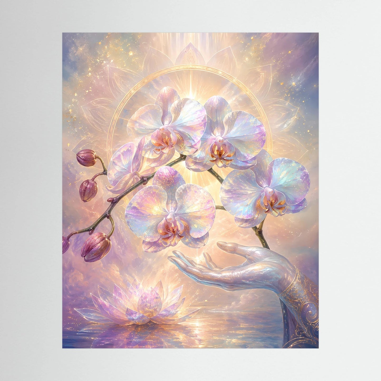 Hochformatiges Kunstposter ohne Rahmen mit Pastell-Orchideen, Lotus und goldener Lichthalo, Handmotiv