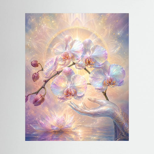Hochformatiges Kunstposter ohne Rahmen mit Pastell-Orchideen, Lotus und goldener Lichthalo, Handmotiv