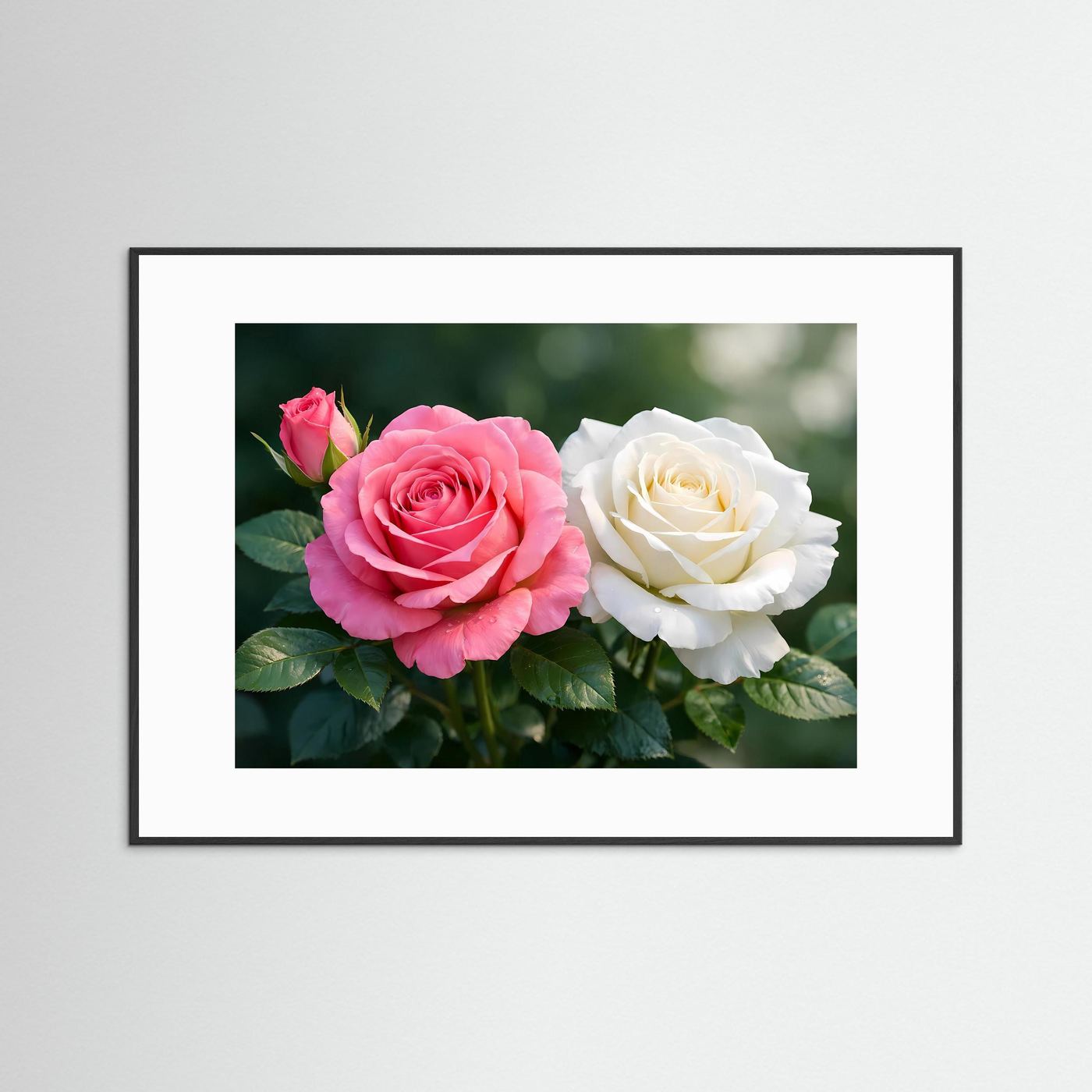 Blumenposter mit rosa und weißer Rosenblüte, schwarzer Rahmen