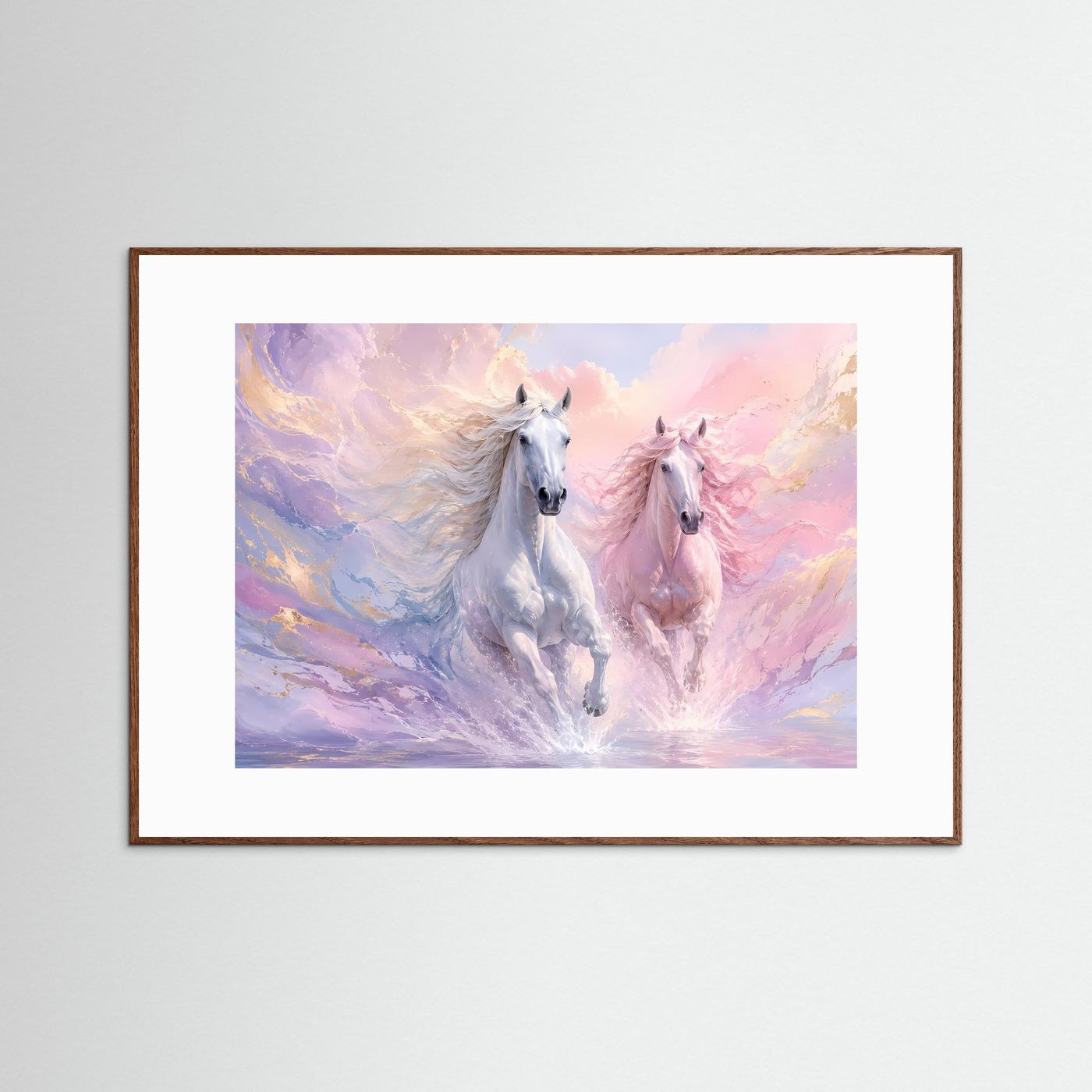 Pferde Poster Querformat | Elegante Weiße Pferde in Pastellfarben | Modernes Wandbild mit Goldakzenten