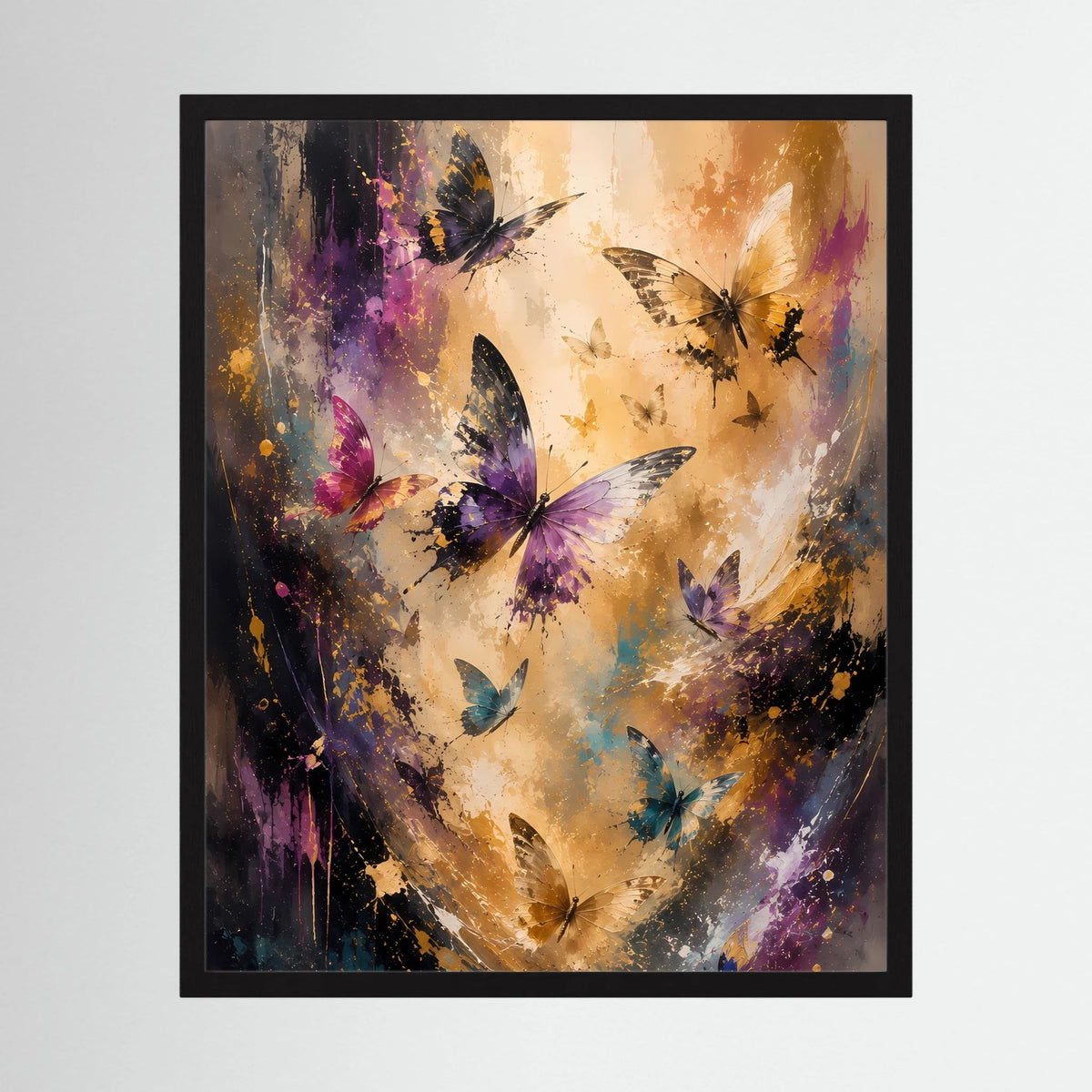 Gerahmtes Poster mit abstrakten Schmetterlingen in Gold und Violett, schwarze Umrandung
