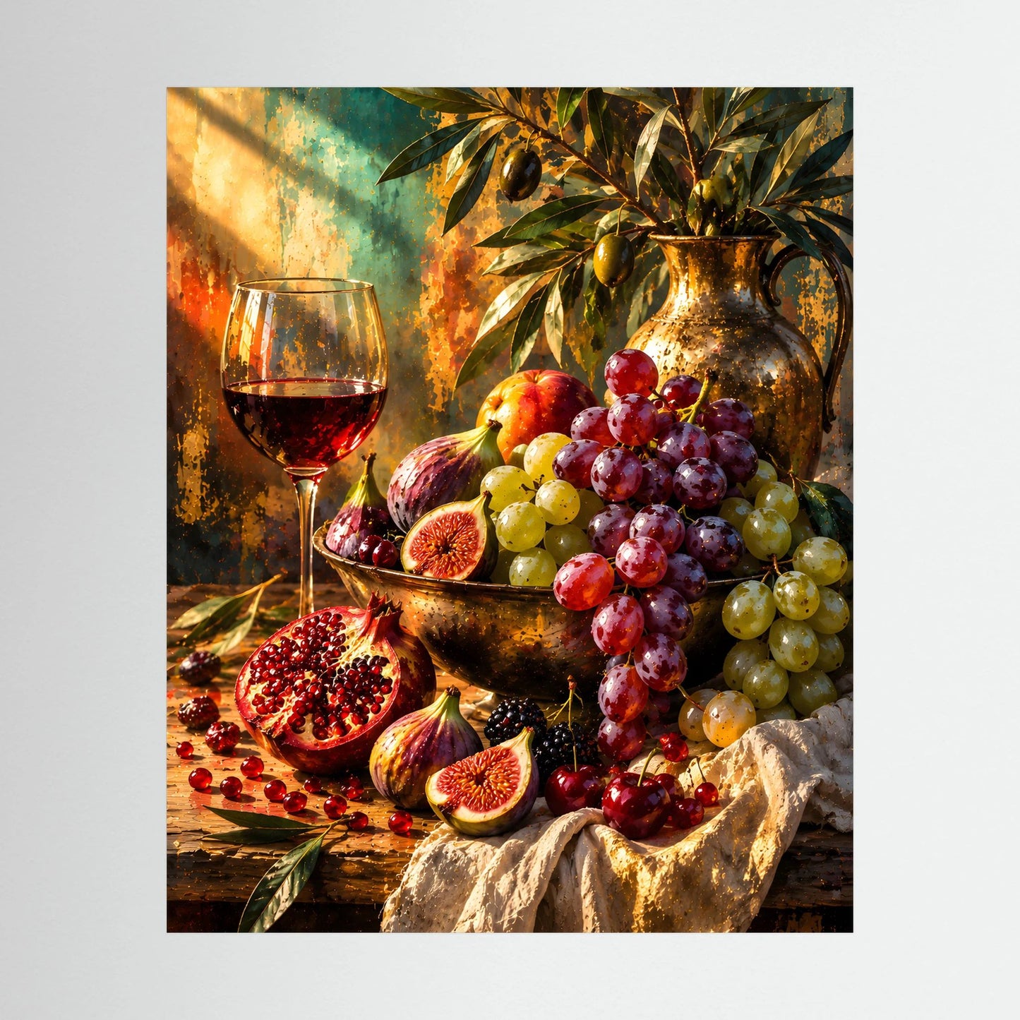 Hochformat-Poster mit Wein, Trauben, Feigen und Granatapfel auf einer Tischplatte