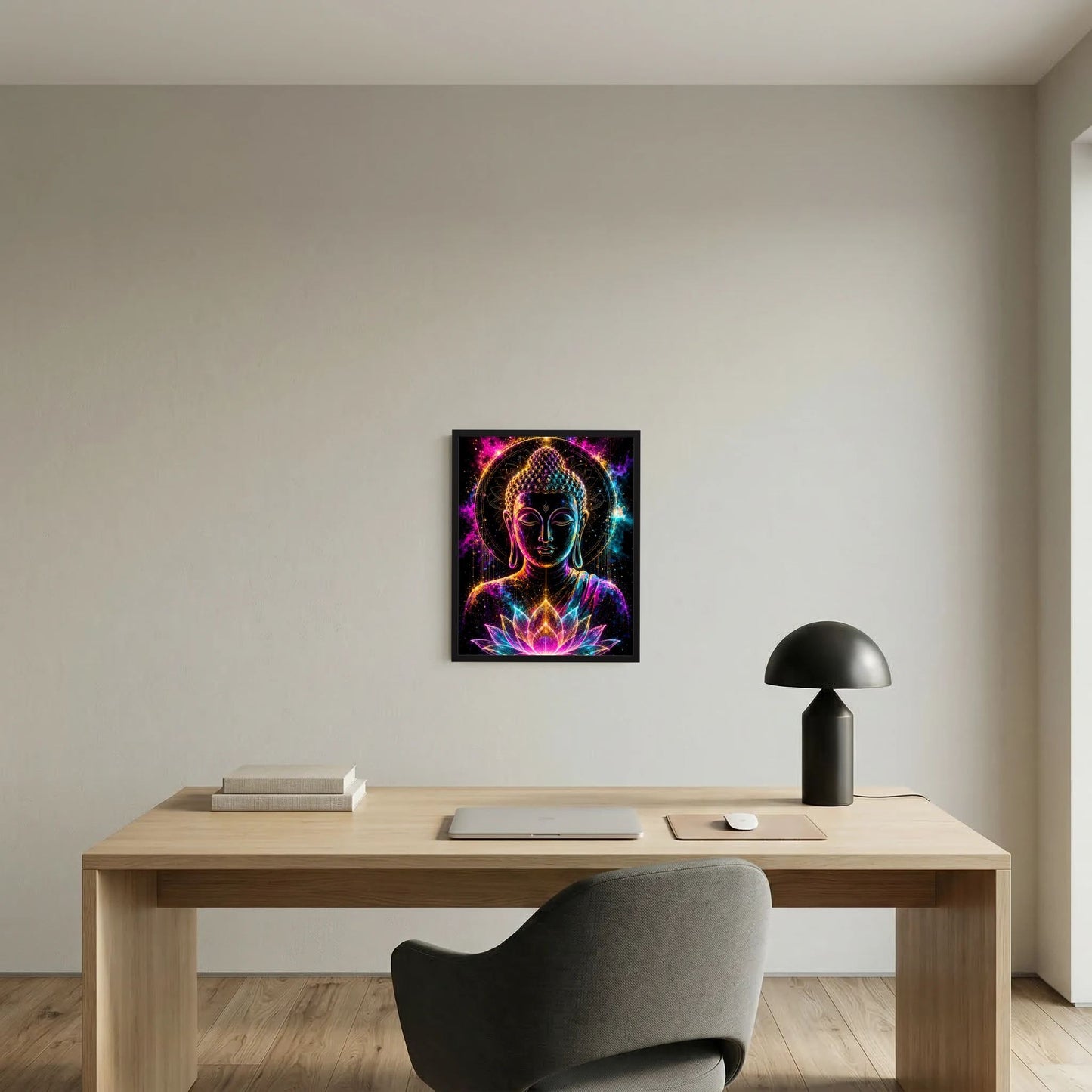 Neon-Kunstposter mit Buddha und Lotussymbol, leuchtende Farben Pink, Türkis und Gold, schwarz gerahmt