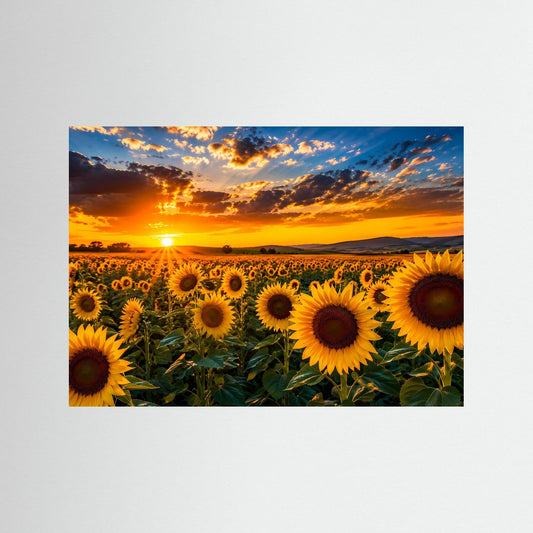 Querformatiges Sonnenblumen-Poster mit Sonnenuntergang und dramatischem Himmel