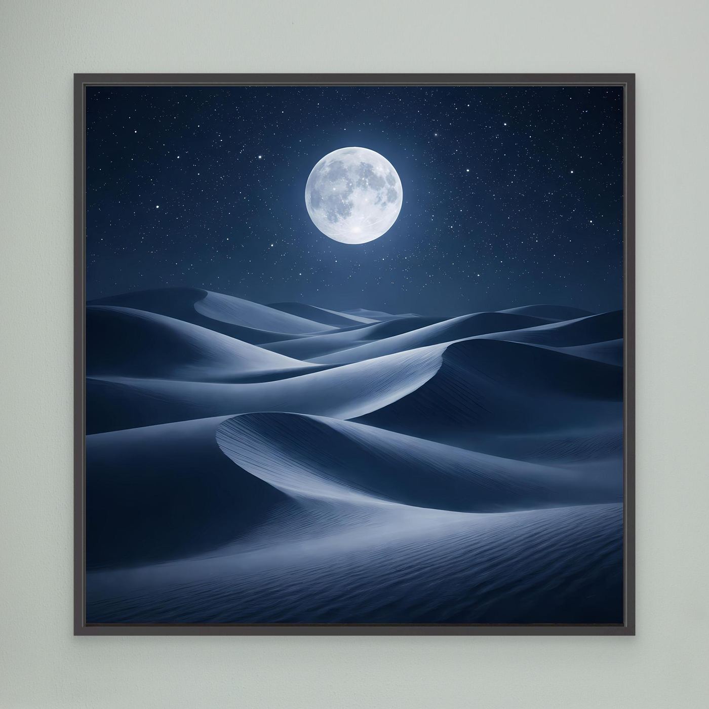 Quadratisches Leinwandbild: Vollmond über Wüstendünen, schwarzer Rahmen