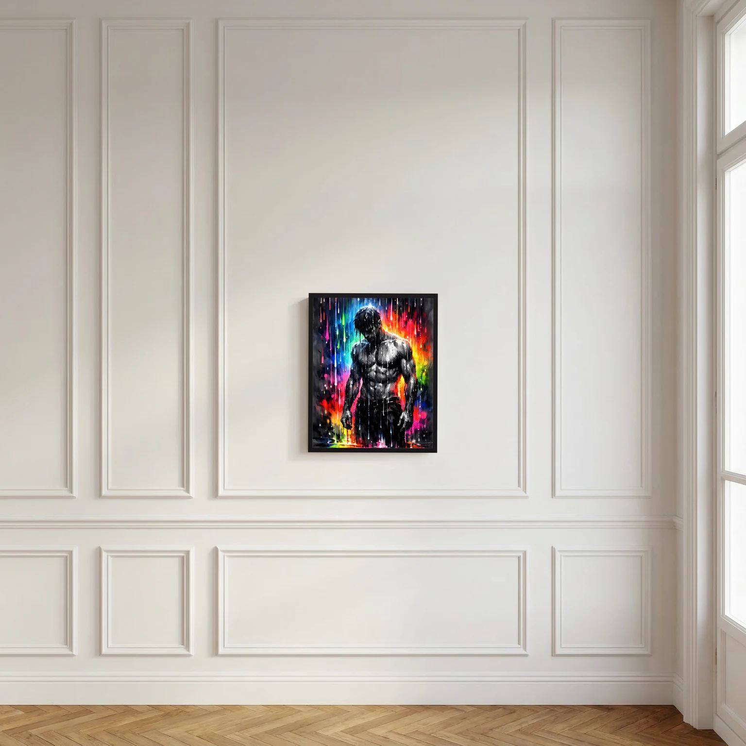 Wandbild im schwarzen Rahmen: muskulöser Männerkörper in Schwarzweiß mit bunten Neon-Spritzern