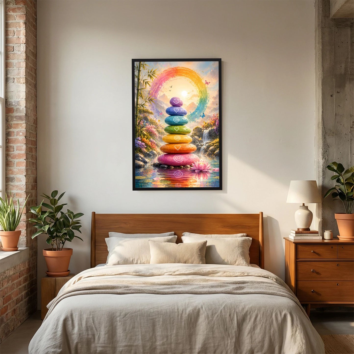 Poster im Hochformat im Rahmen: Regenbogen-Steinturm mit Lotus im Wasser