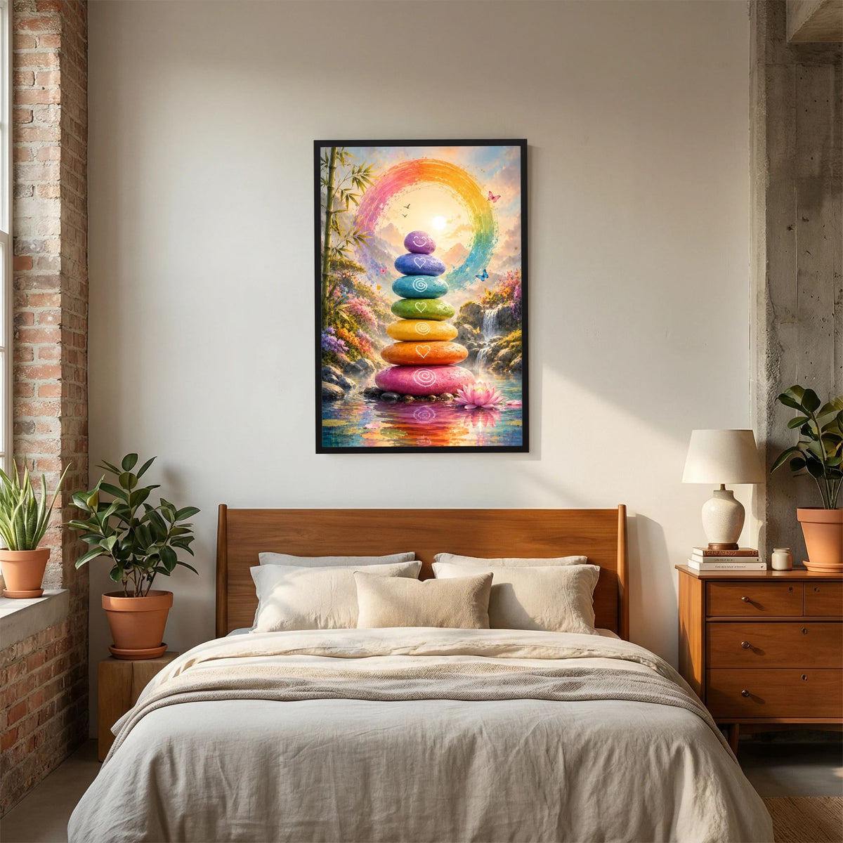 Poster im Hochformat im Rahmen: Regenbogen-Steinturm mit Lotus im Wasser