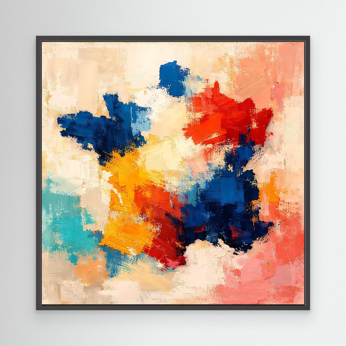 Abstract France map canvas wall art with blue, red, orange paint strokes, black frame