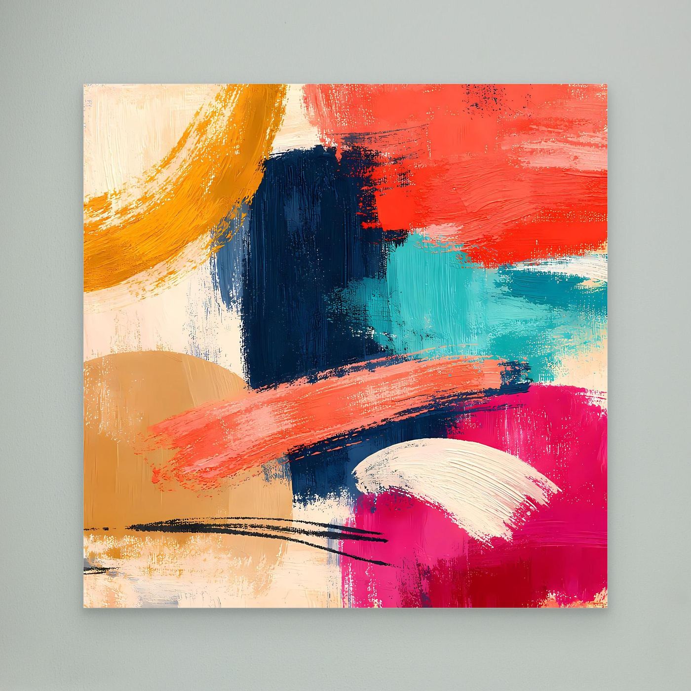 Abstraktes Leinwandbild mit leuchtenden Pinselstrichen in Orange, Rot und Pink