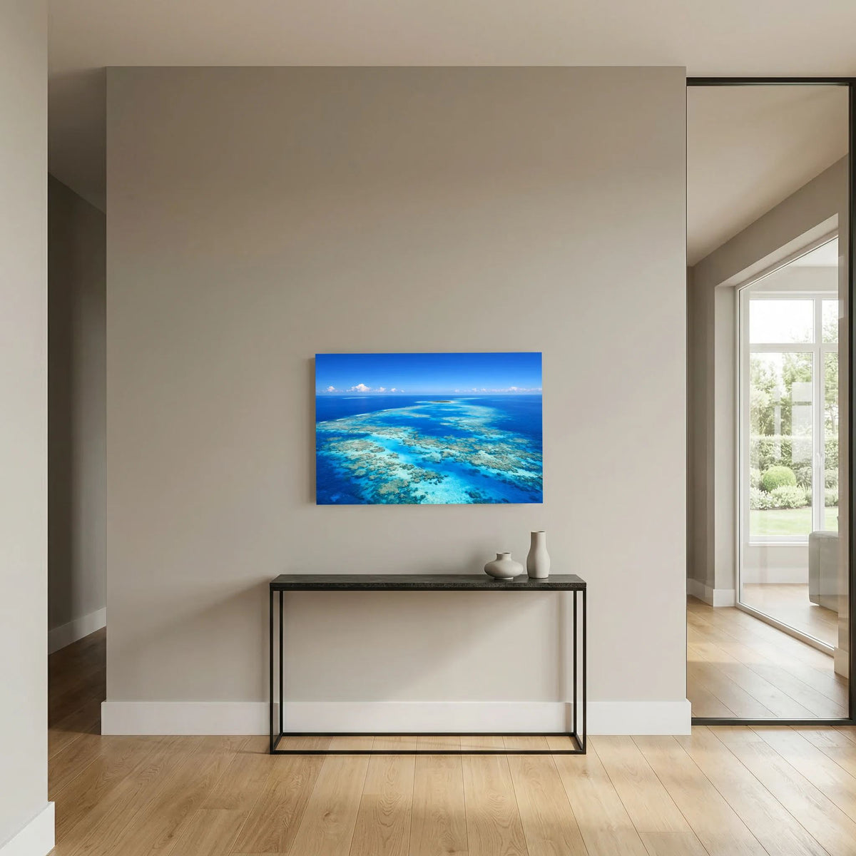 Wandbild Korallenmeer mit türkisfarbenem Riffband und blauem Ozean, Querformat