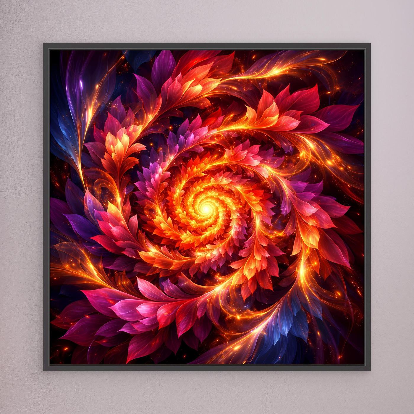 Gerahmtes Leinwandbild: feurige Spirale in Orange, Rot, Lila, schwarzer Rahmen