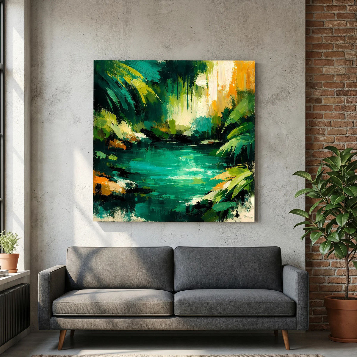 Leinwand Abstraktes Dschungelgewässer | Modernes Urwald Wandbild Smaragdgrün