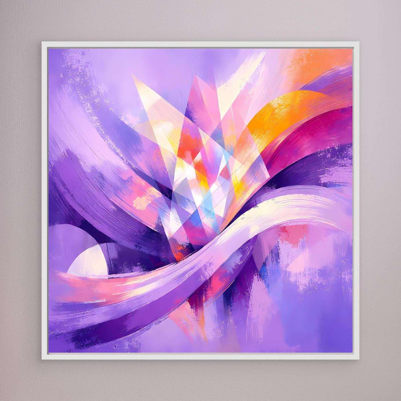 Quadratisches abstraktes Blüten-Leinwandbild in Lila mit weißen und pink-orangen Flächen, weiß gerahmt.