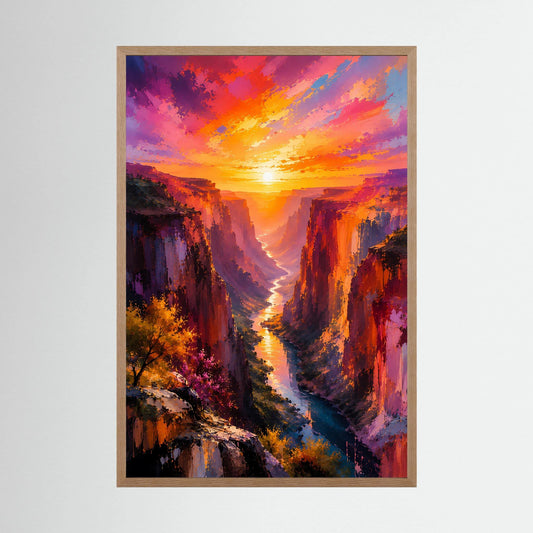 Hochformatiges Poster mit Schlucht beim Sonnenuntergang, im hellen Holzrahmen.