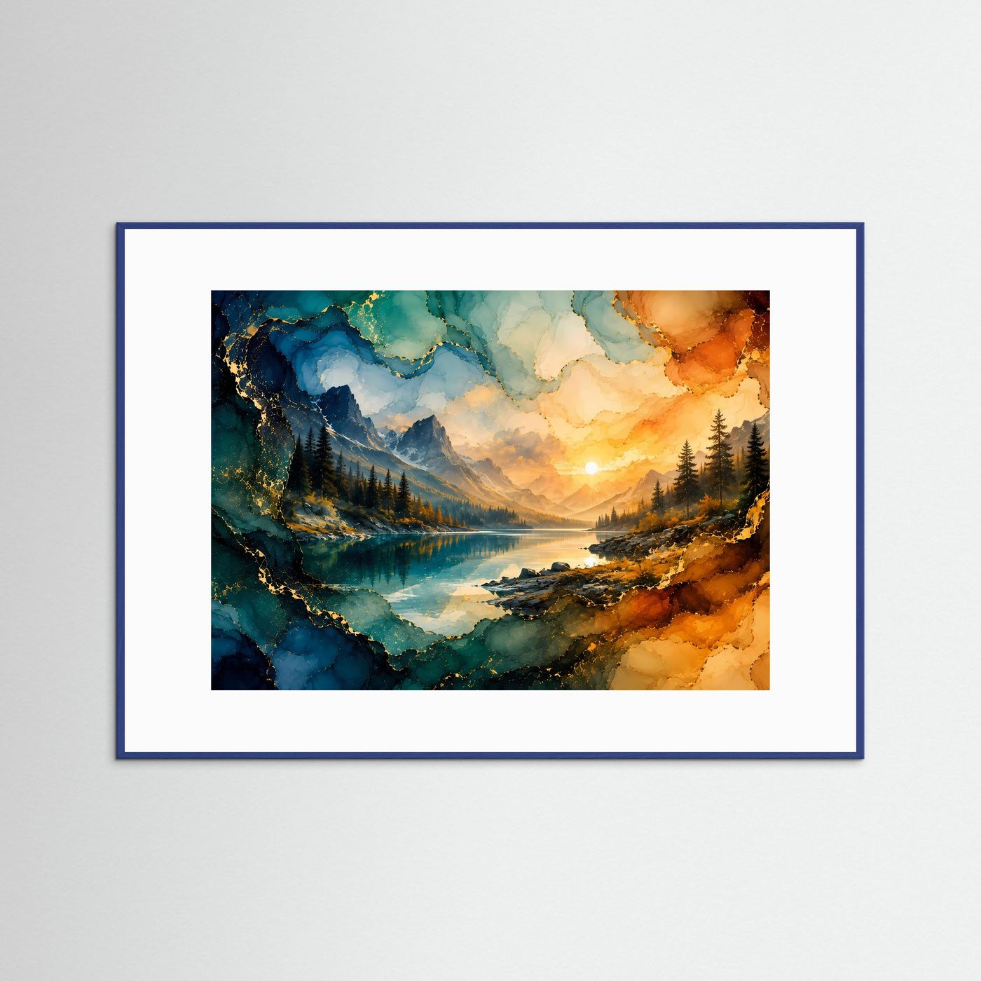 Abstrakte Berglandschaft Poster | Alkohol Ink Landschaft | Gold Blau Wandbild | Moderner Bergsee Sonnenuntergang | Luxuriöse Leinwandkunst
