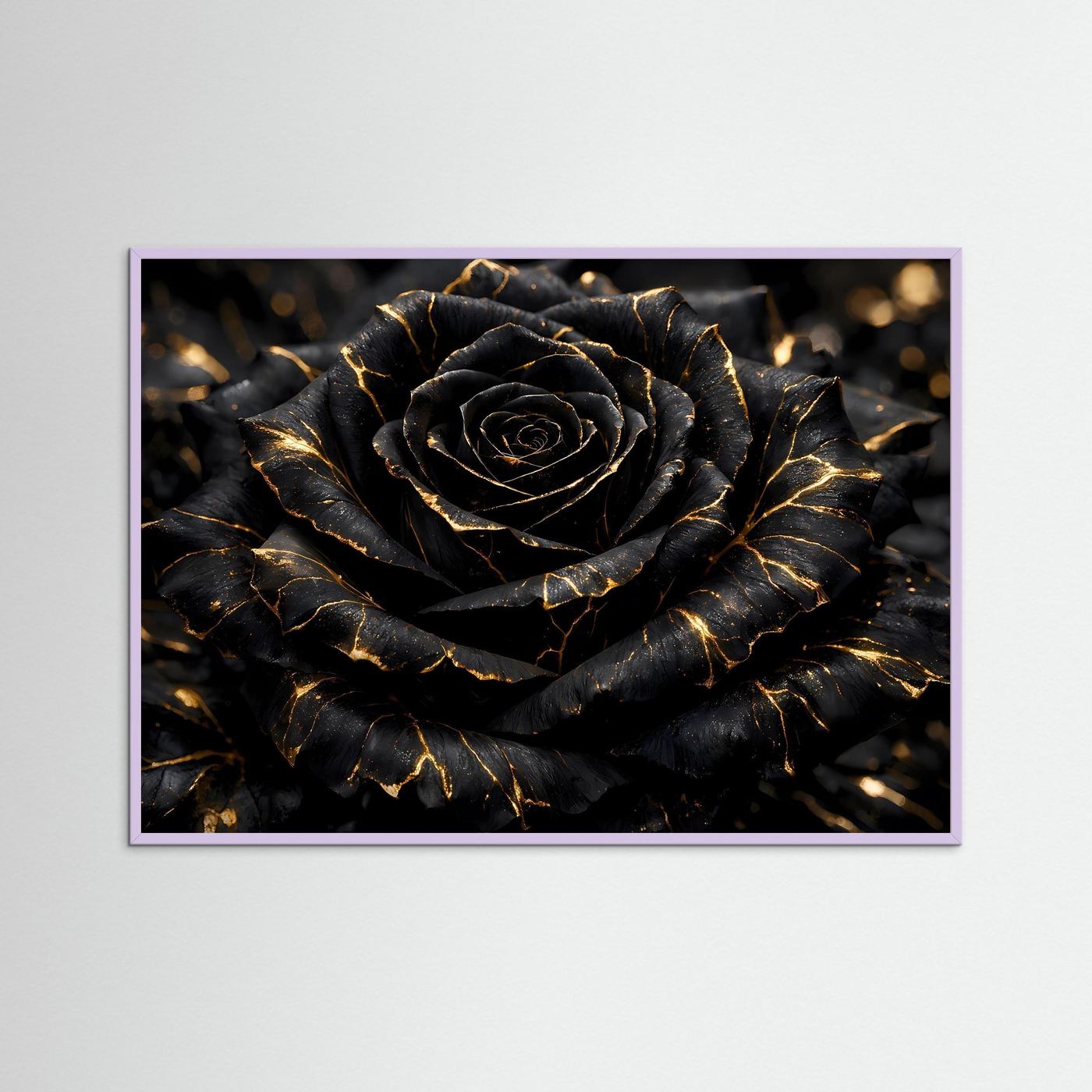 Wandbild mit schwarzer Rose und goldenen Adern, lila Rahmenumrandung