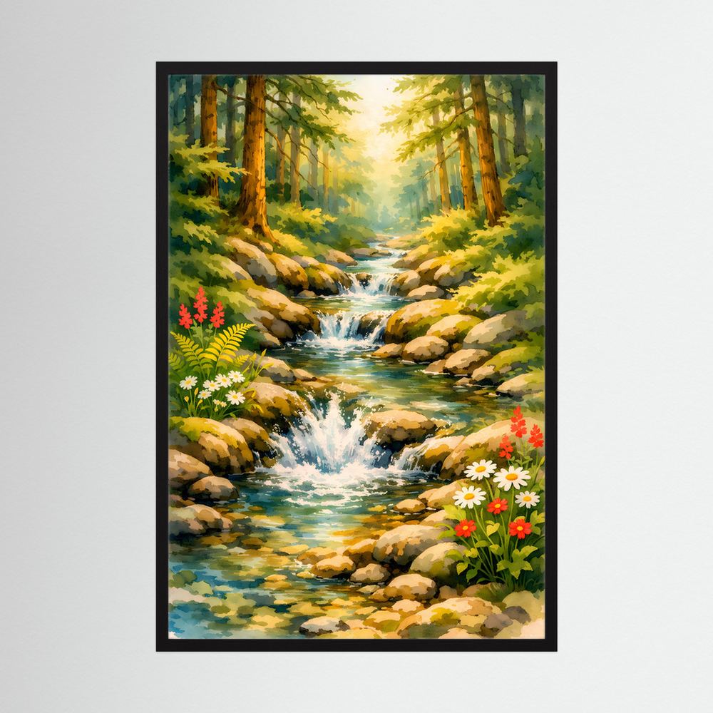 Wasserfall-Wandposter mit Bach im Wald, Felsen und bunten Blumen, schwarzer Rahmen
