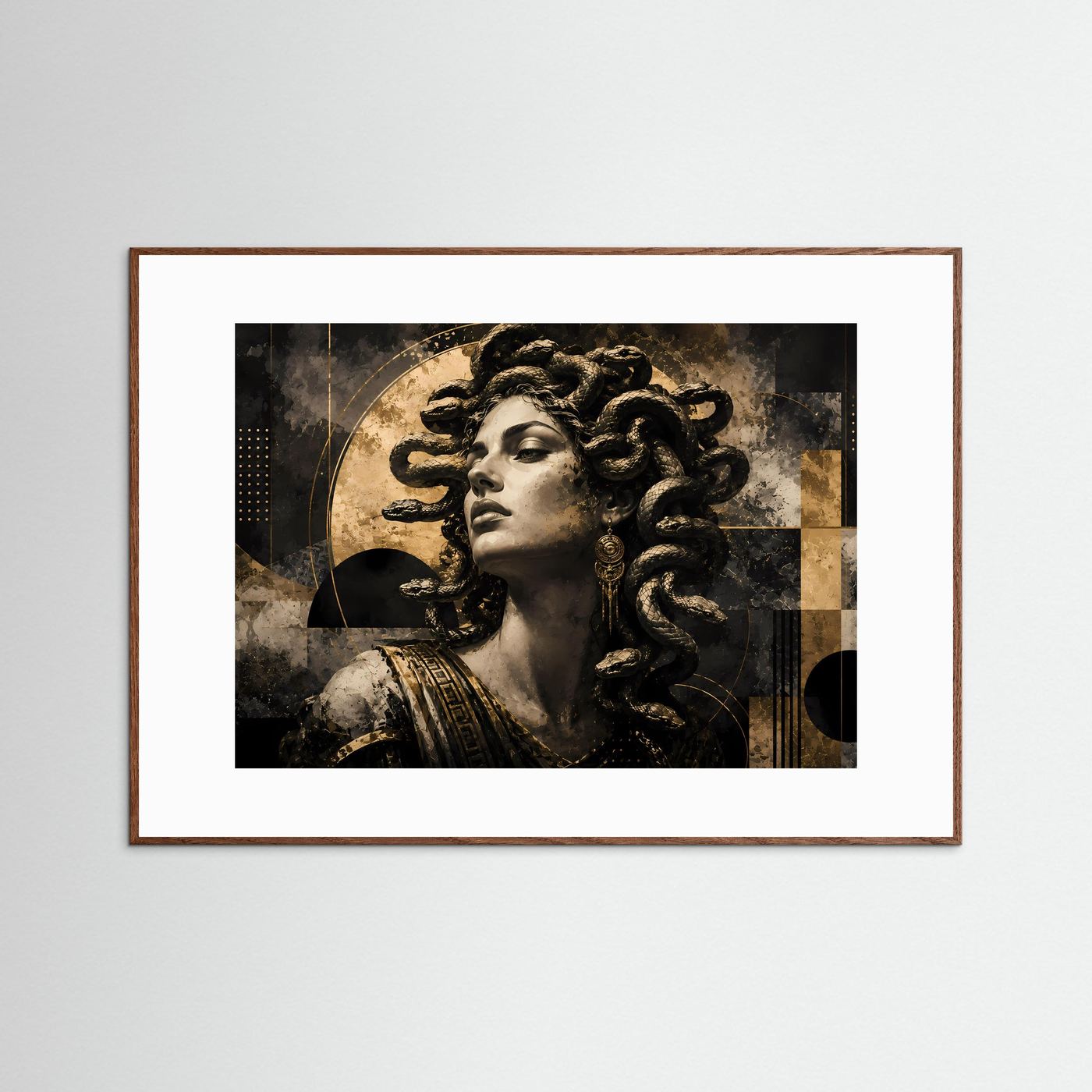 Querformat-Poster mit Medusa-Motiv: Frauengesicht mit Schlangen, Schwarz-Gold, braun gerahmt