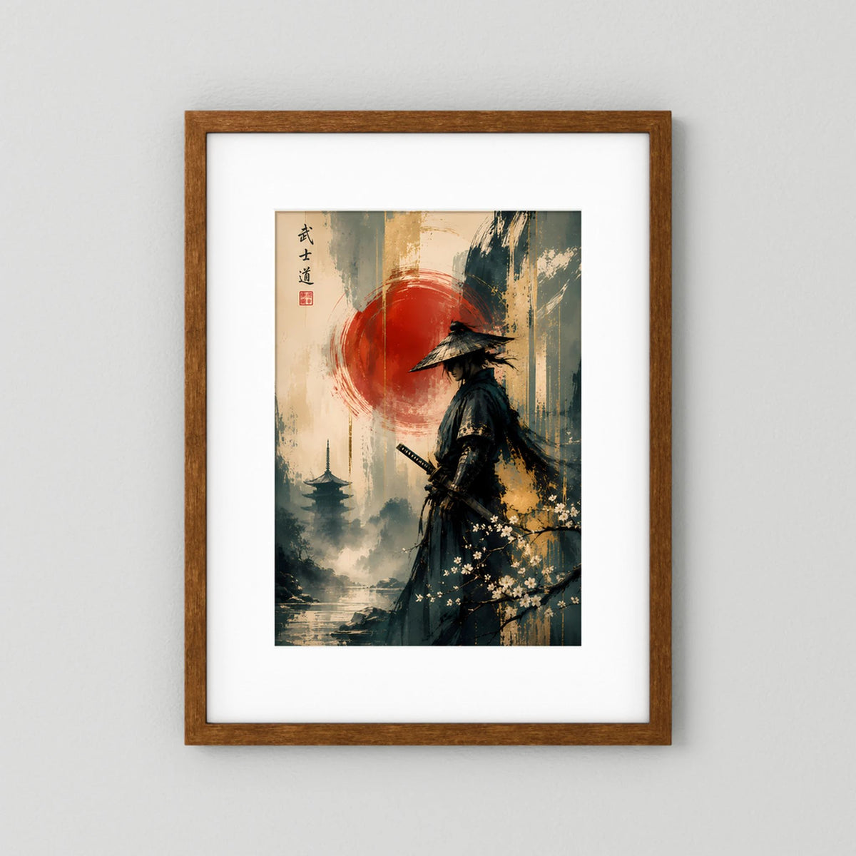 Gerahmtes Hochformat-Poster mit Samurai vor roter Sonne, Schwert und goldbraunem Rahmen