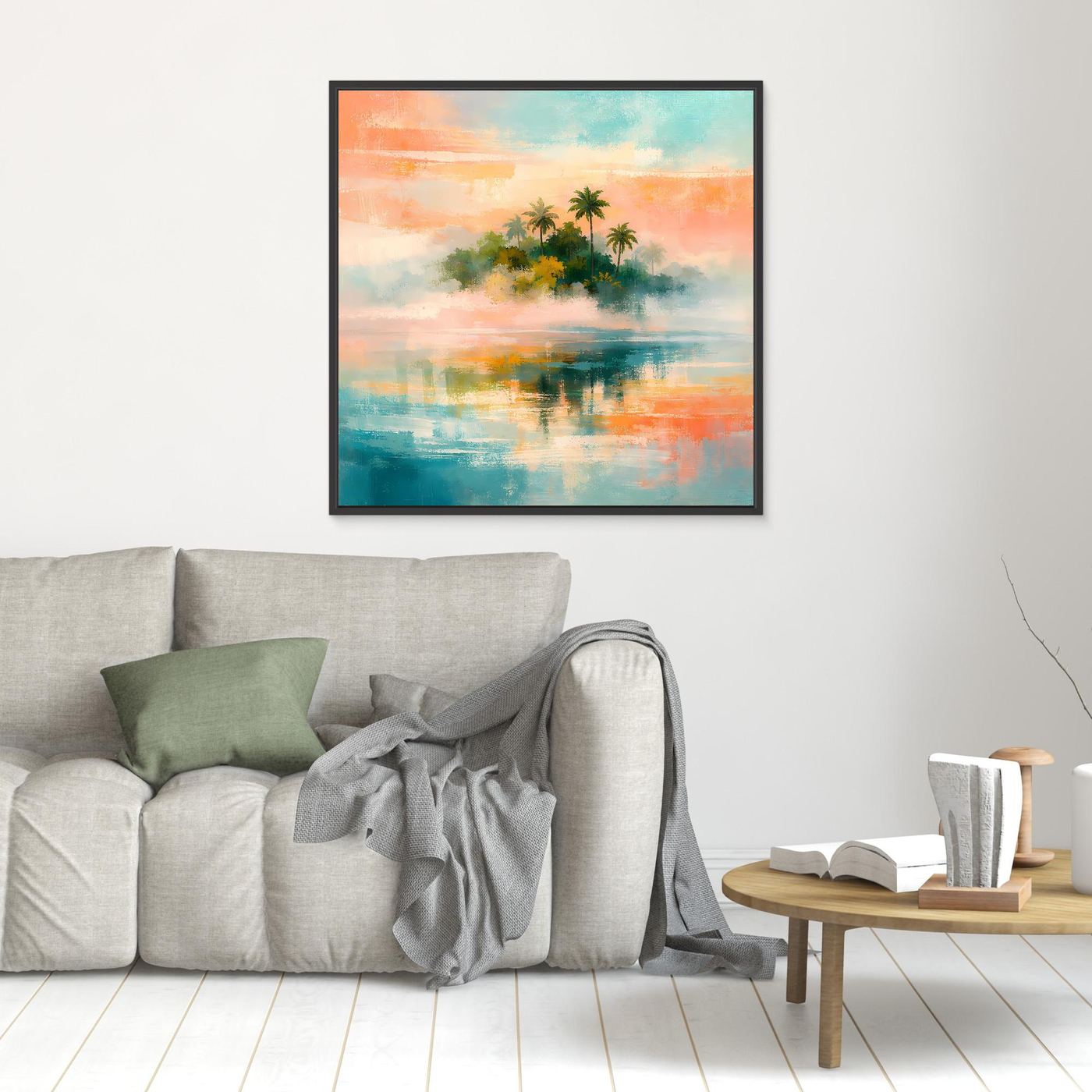 Abstraktes Leinwand-Wandbild mit Palmen und Meer in Pastellfarben, schwarz gerahmt