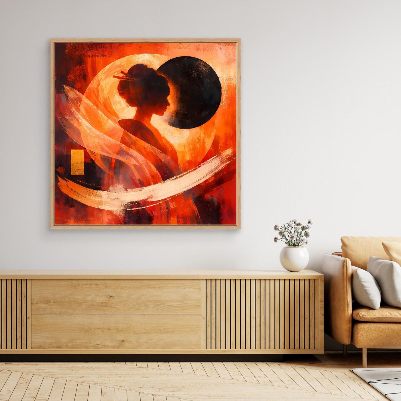 Leinwandbild mit Geisha-Silhouette, abstraktem rotem Sonnenmotiv, heller Rahmen